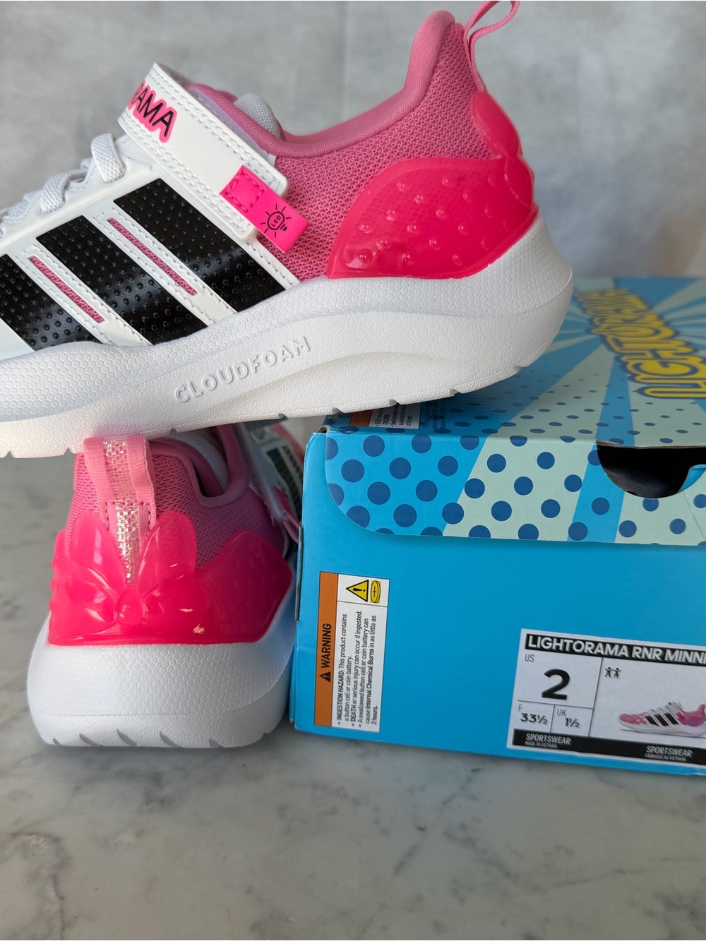 adidas Kids White Black and Hot Pink Cloudfoam Sneakers